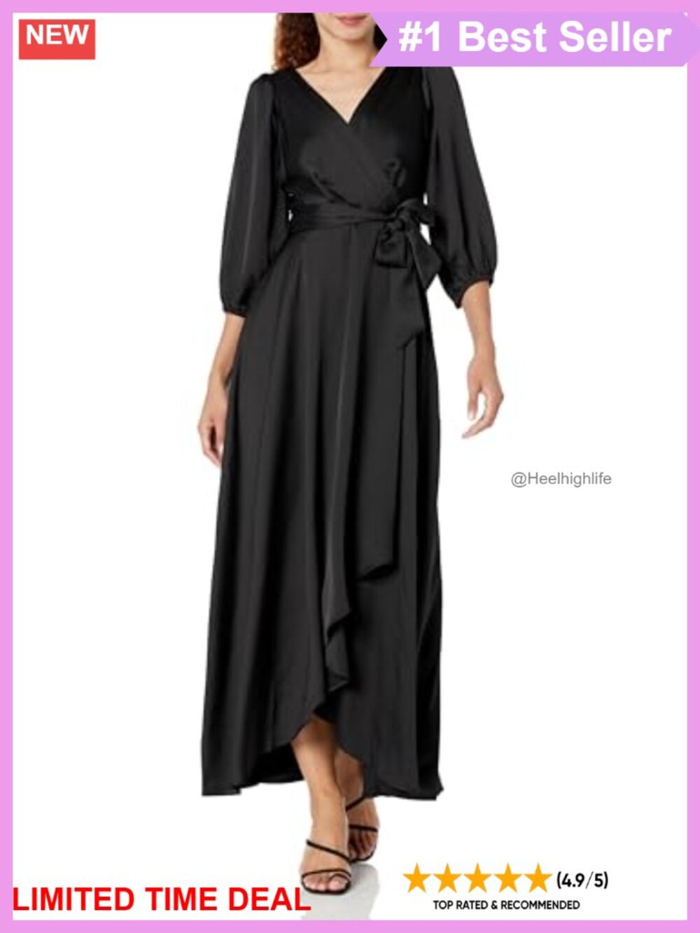 Balloon Sleeve Satin Faux Wrap Maxi Dress